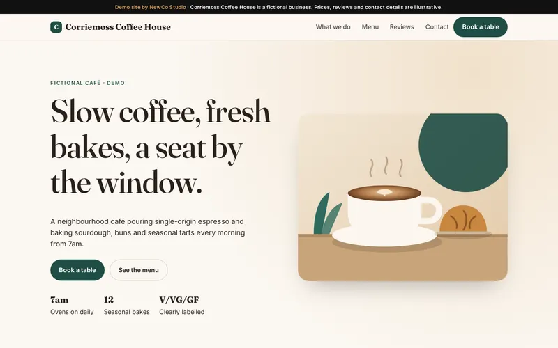 Corriemoss Coffee House demo homepage with menu and opening hours