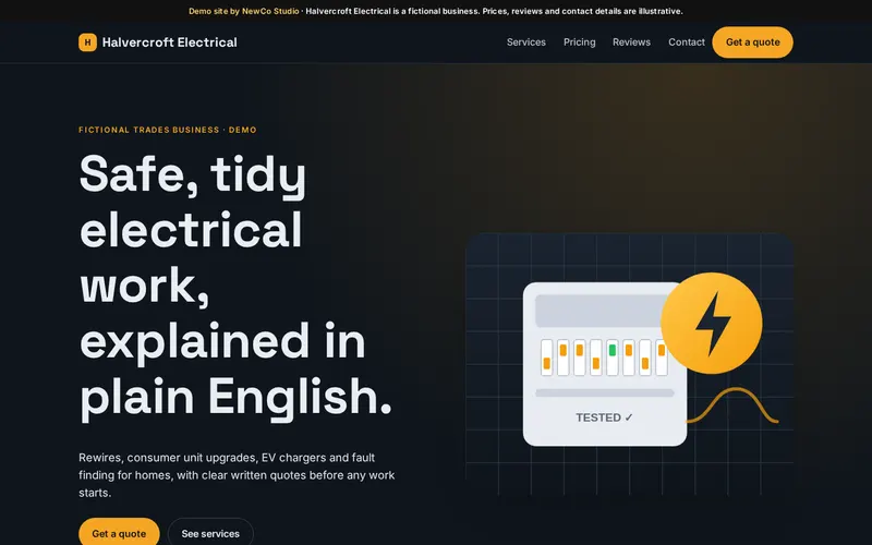 Halvercroft Electrical demo homepage, dark theme with amber accents