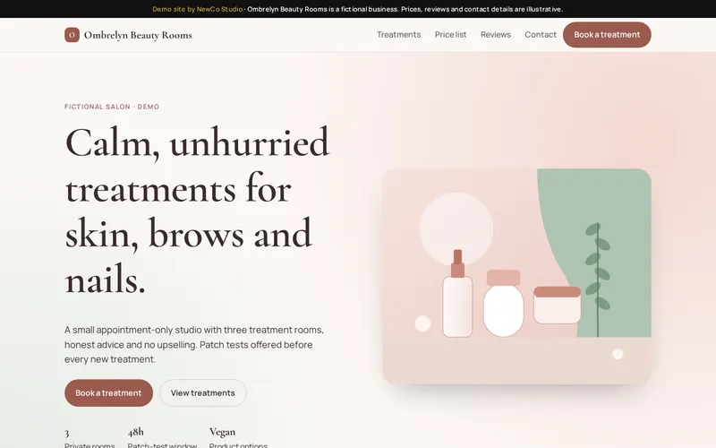 Ombrelyn Beauty Rooms demo homepage in blush and sage