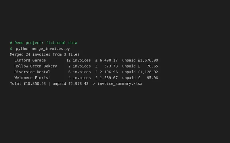Terminal output of a Python script merging invoice CSV files into an Excel summary